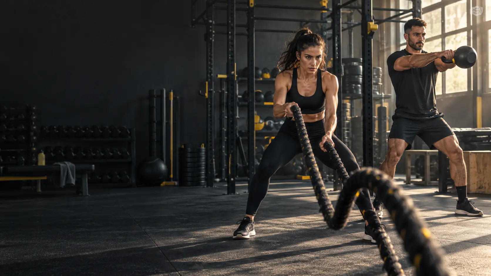 Deux adultes s’entraînent dans une salle de sport moderne